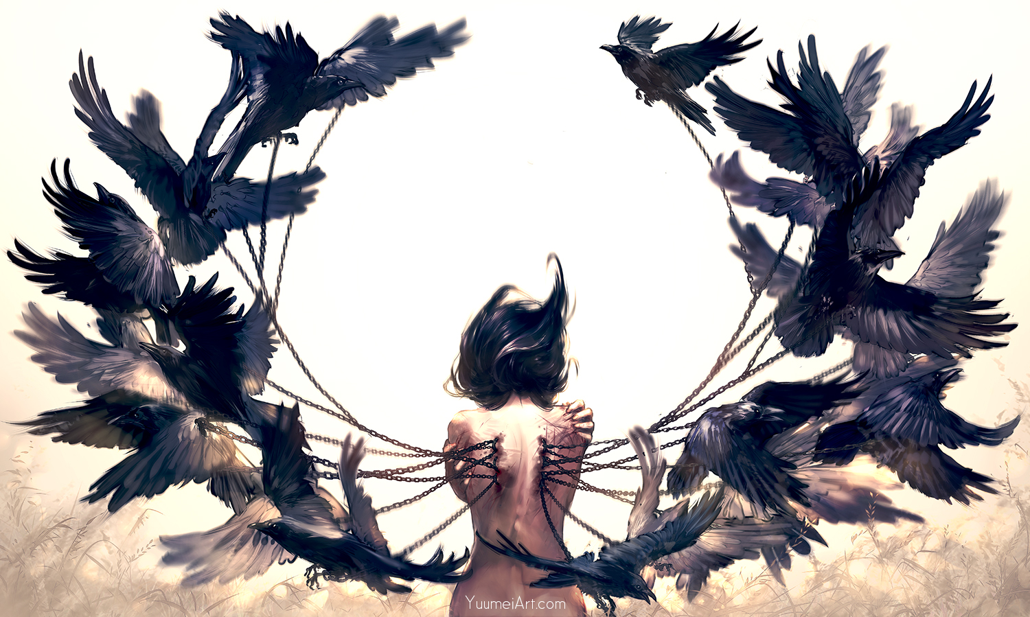 Konachan.com - 207179 animal bird black_hair chain nude original watermark wenqing_yan wings.jpg