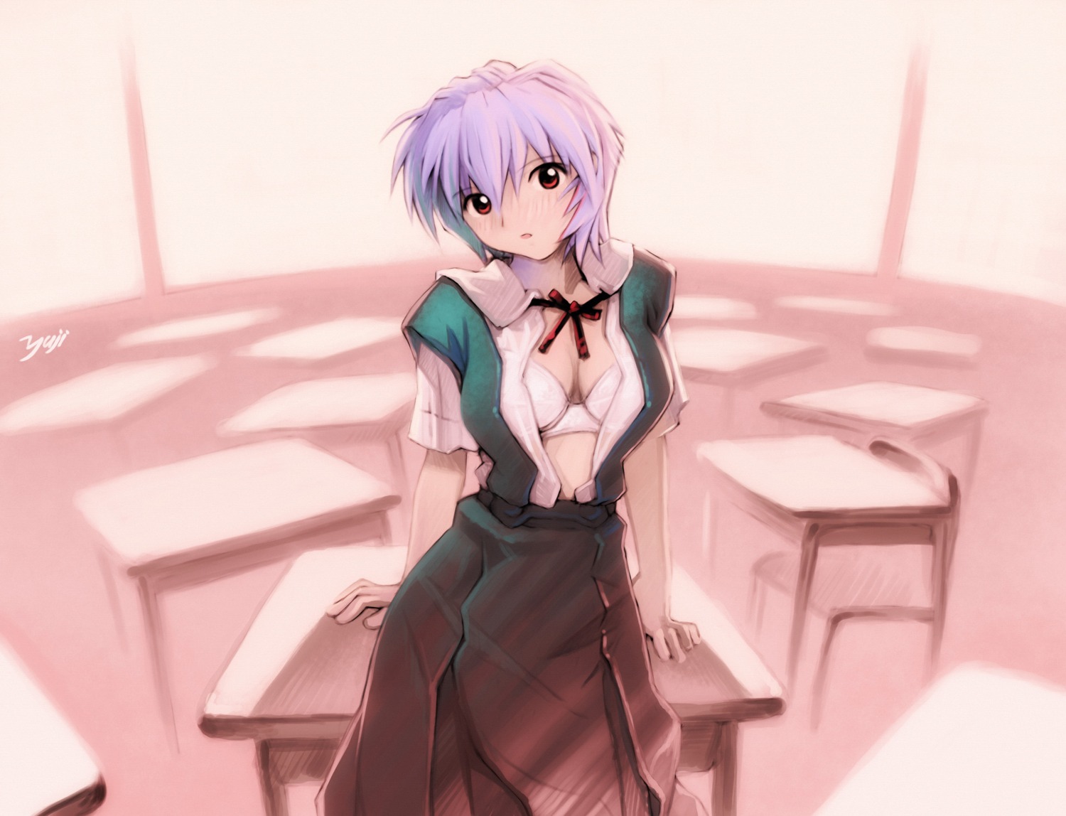 ayanami_rei bra cleavage nagko neon_genesis_evangelion open_shirt seifuku yuuji