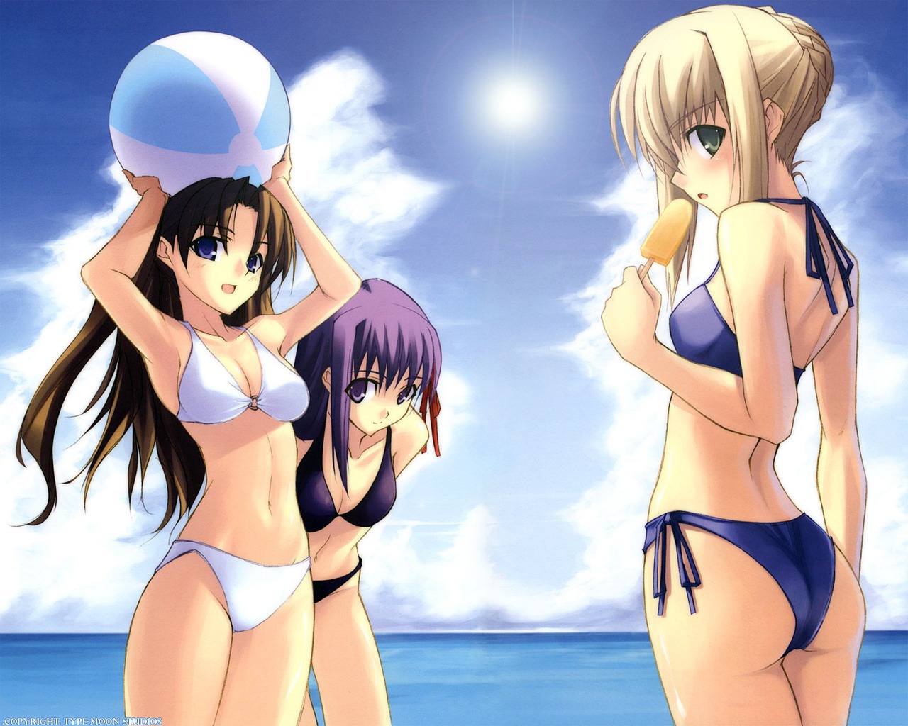 ass bikini cleavage fate/stay_night matou_sakura missing_link saber shingo swimsuits toosaka_rin wallpaper