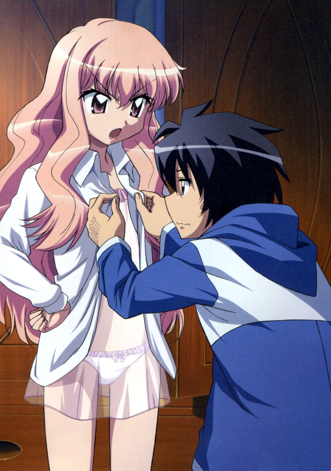 dress_shirt hiiraga_saito lingerie louise open_shirt pantsu see_through undressing zero_no_tsukaima