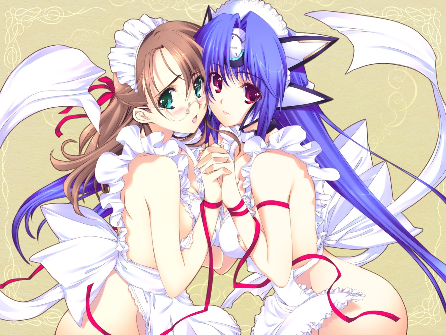 iizuki_tasuku kos-mos megane naked_apron symmetrical_docking uzuki_shion wallpaper xenosaga