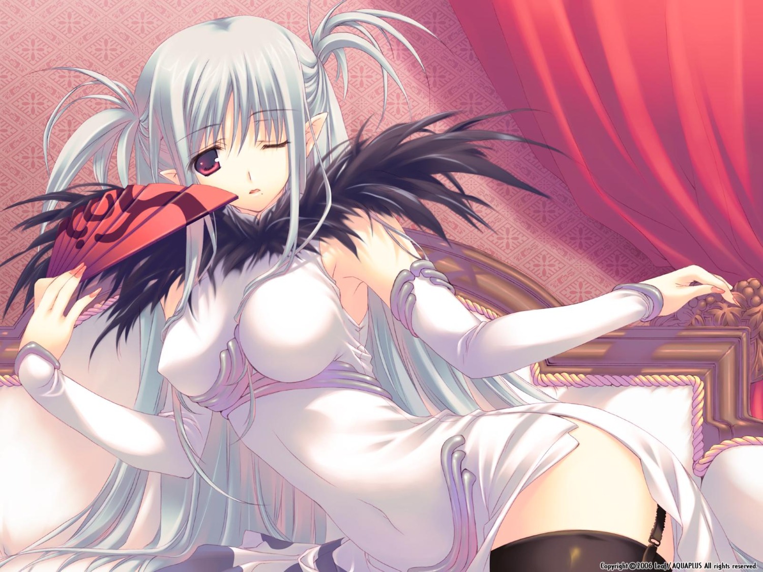 dress elf erect_nipples fullani leaf mitsumi_misato pointy_ears raphael_(fullani) stockings thighhighs wallpaper