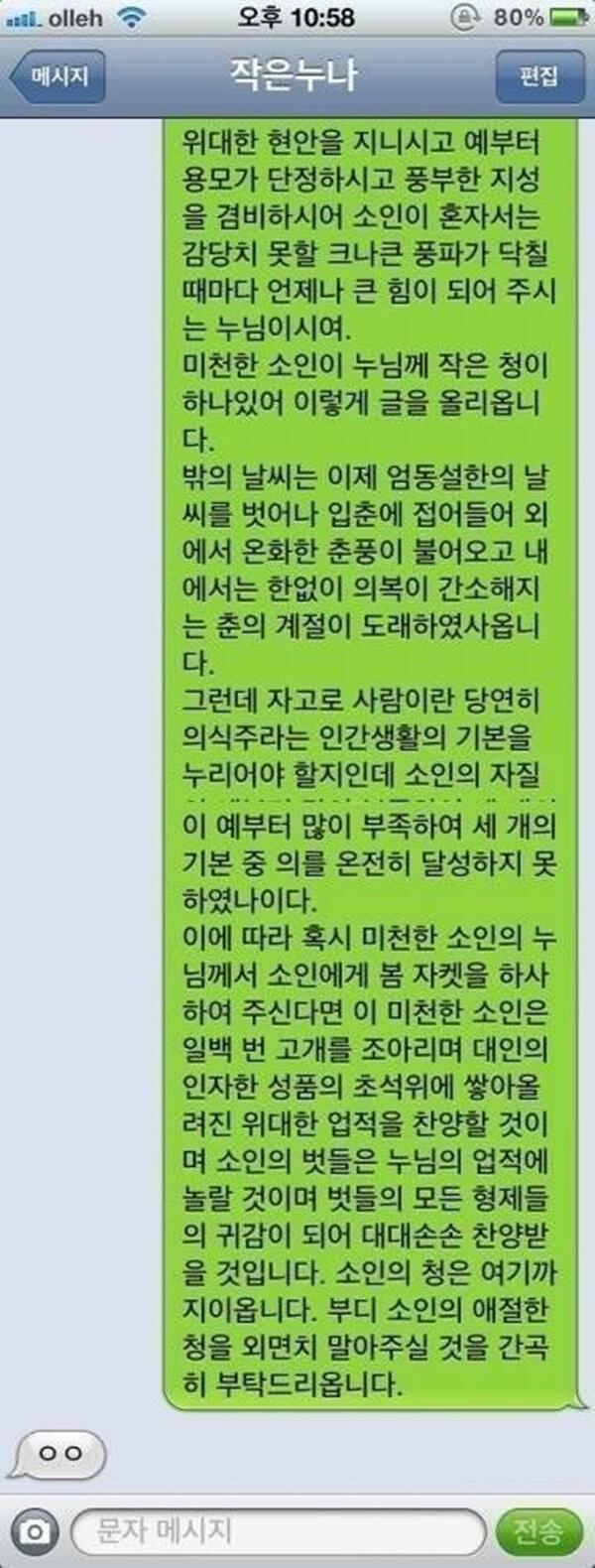 누나에게 보내는 동생의문자