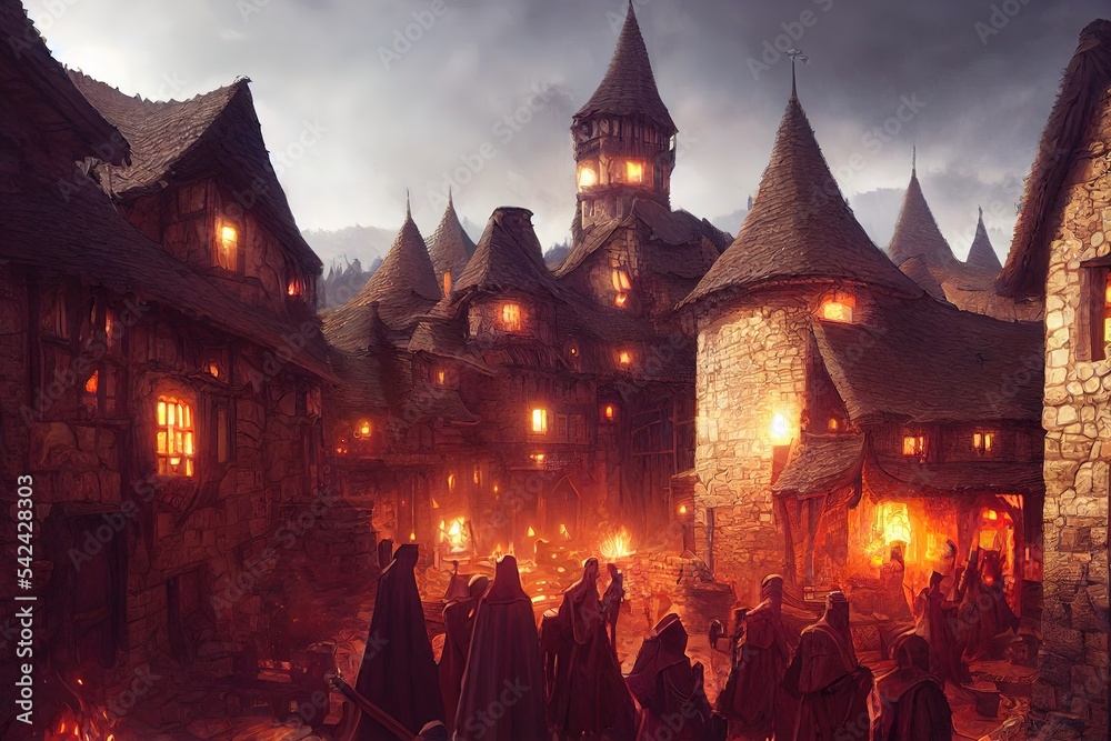 An illustration of the small medieval fantasy village. Medieval Fantasy  Stock 일러스트레이션 | Adobe Stock