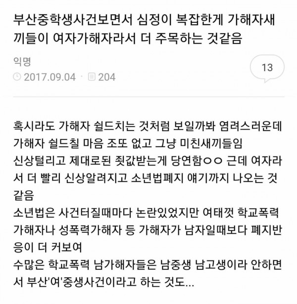 부산여중생 사건에 관한 여초의 반응